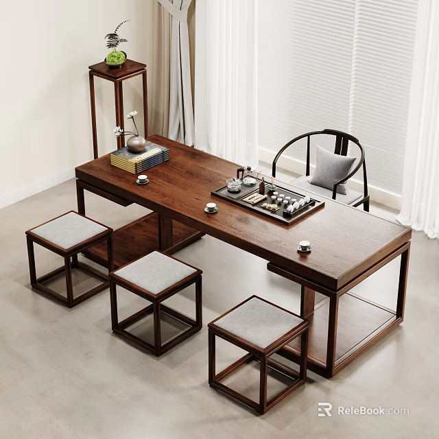 Chinese Style Wooden Tea Table With Matching Chairs Stools And Tea Set 3d model 