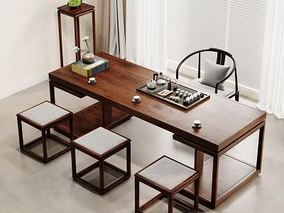 Chinese Style Wooden Tea Table With Matching Chairs Stools And Tea Set 3d model