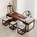 Chinese Style Wooden Tea Table With Matching Chairs Stools And Tea Set