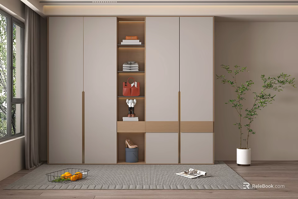 Modern Light Toned Wardrobe With Open Shelves Wood Accents Decor Items And Potted Plant 3d model 