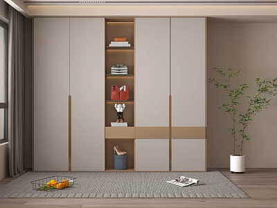 Modern Light Toned Wardrobe With Open Shelves Wood Accents Decor Items And Potted Plant 3d model