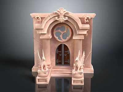 Pink Carved Entrance Gate Featuring Arched Window Double Doors And Flanking Statues 3d model