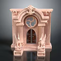 Pink Carved Entrance Gate Featuring Arched Window Double Doors And Flanking Statues