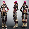 Sci Fi Character Design With Pink Hair And Biomechanical Armor Three Angles 3d model