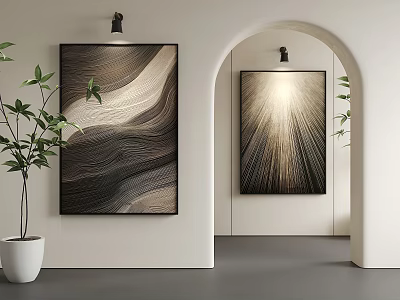 Modern Interior Design With Abstract Wall Art Arched Doorway And Potted Plant 3d model