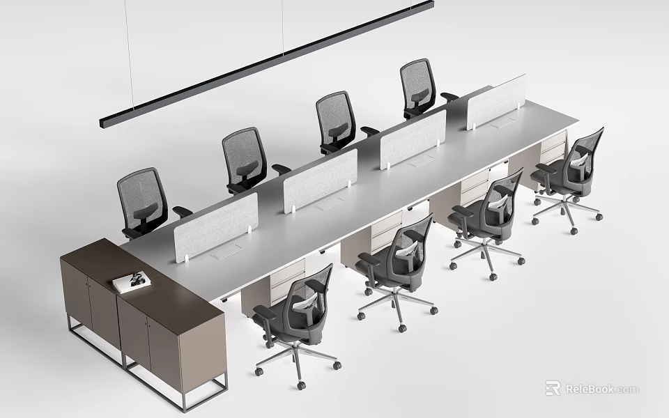 Modern Office Desk With Multiple Chairs Dividers And Side Cabinet 3d model 