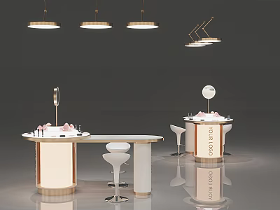 Elegant Circular Display Shelves For Cosmetics With White Gold Design And Mirror Stools 3d model