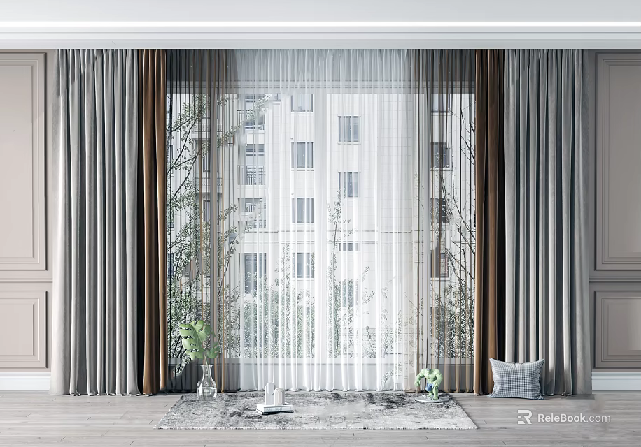 Modern Grey And Brown Curtains With Sheer Panel By Window And Green Plants On Rug 3d model 