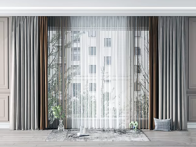 Modern Grey And Brown Curtains With Sheer Panel By Window And Green Plants On Rug 3d model