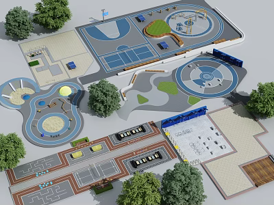 Kids Playground Area With Various Play Structures Colorful Ground And Surrounding Trees 3d model