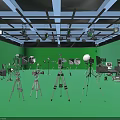 Green Screen Studio Setup With Professional Photography Equipment Tripods Lighting And Cameras