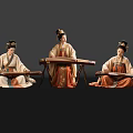 Game and Movie Female Characters in Traditional Costumes Playing Guzheng with Dark Background and Reflections