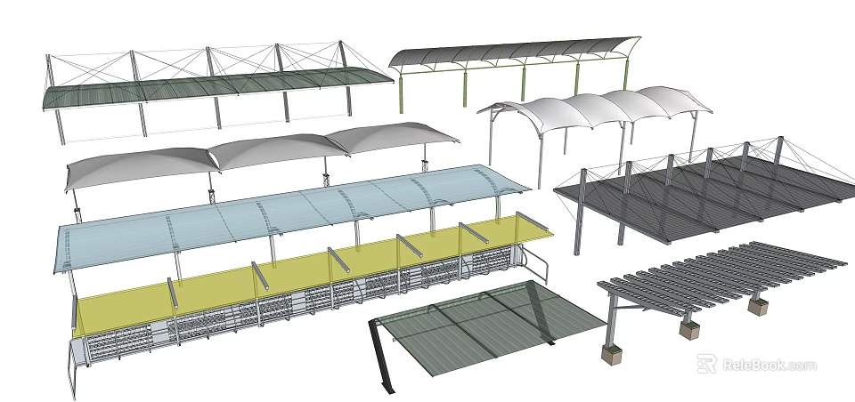 Diverse Modern Shade Structures Featuring Various Canopy Designs And Support Frames 3d model