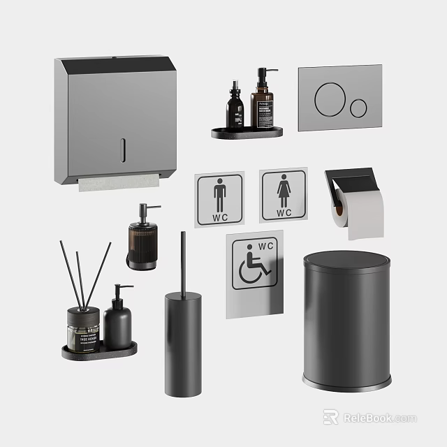 Modern Minimalist Bathroom Accessories Including Tissue Holder Soap Dispenser Trash Can And Restroom Signs 3d model 