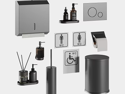 Modern Minimalist Bathroom Accessories Including Tissue Holder Soap Dispenser Trash Can And Restroom Signs 3d model