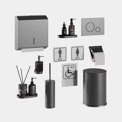 Modern Minimalist Bathroom Accessories Including Tissue Holder Soap Dispenser Trash Can And Restroom Signs 3d model