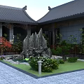 Traditional Ancient Chinese Architecture Courtyard with Carved Stone Screen Pine Trees and Tiled Roof