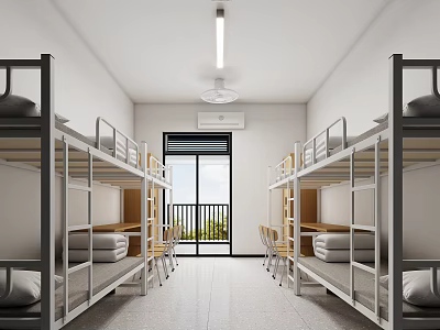 School Dormitory Interior With Bunk Beds Tables Chairs Large Window Ceiling Fan And Air Conditioner 3d model