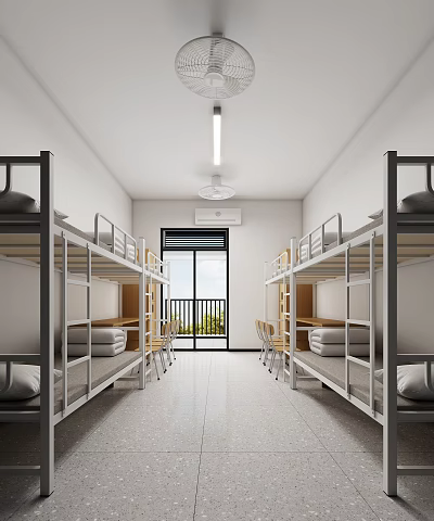 School Dormitory Interior With Bunk Beds Tables Chairs Large Window Ceiling Fan And Air Conditioner 3d model