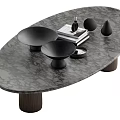 Oval Grey Marble Coffee Table With Wooden Legs Black Bowls Books And Decorative Pieces