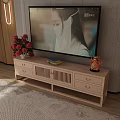 Wooden TV Stand With TV Flowers Decorative Items Modern Lighting And Textured Living Room Wall
