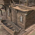 Wooden Boat House Sailing Boat House Canvas Cloth Old Wooden House Old Boat Mast Wooden Box Barrel Deck 3d model