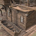 Wooden Boat Boat House Sailing Boat House Canvas Cloth Old Wooden House Old Boat Mast Wooden Box Barrel Deck 3d model