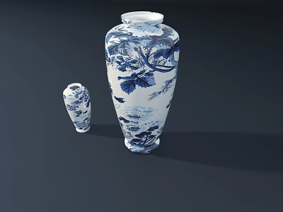 Traditional Blue And White Ceramic Vessels With Floral And Bird Patterns Large And Small 3d model
