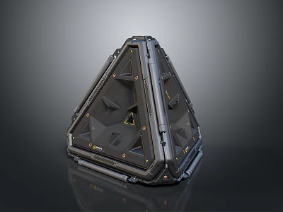 Black Pyramid shaped Tech Enclosure Featuring Geometric Panels and Yellow Indicator Lights 3d model