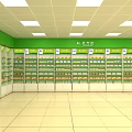 Bright Green Walled Pharmacy Store With Medicine Shelves And Prescription Area