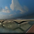 Concrete Bridge Over River With Street Lamps Pedestrian Walkway And Blue Sky White Clouds