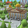 Vibrant Commercial Street with Ferris Wheel Lush Trees Lake Tennis Courts and Diverse Buildings