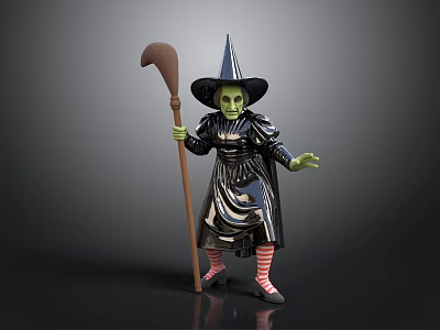 Witch Character With Pointed Hat Green Skin Black Patterned Dress Striped Stockings And Wooden Staff 3d model