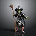 Witch Character With Pointed Hat Green Skin Black Patterned Dress Striped Stockings And Wooden Staff