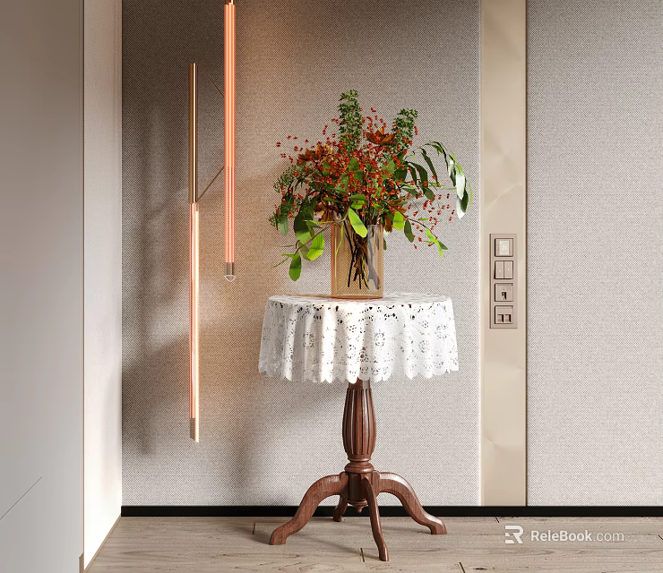 Corner Table With White Lace Tablecloth Vase Red Flowers Green Leaves Wooden Legs Golden Lights 3d model 