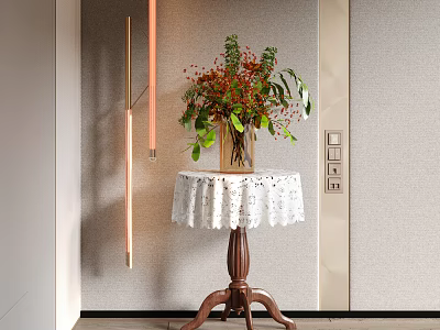 Corner Table With White Lace Tablecloth Vase Red Flowers Green Leaves Wooden Legs Golden Lights 3d model
