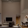 Modern Minimalist Open Plan Living And Dining Room With Cozy Sofas And Elegant Indoor Decor