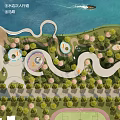 Scenic Waterfront Landscape With Curved Pathway Green Lawn Stone Benches And Trees