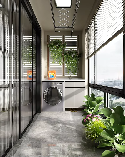 Cozy Home Balcony Design With Washing Machine And Green Plants 3d model
