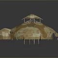 Dual Dome Structure With Brown Beige Textured Surface And Wooden Support Poles