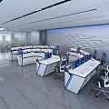 Modern Monitoring Room Featuring Multiple Large Screens Displaying Data Charts Control Consoles Computers Office Chairs
