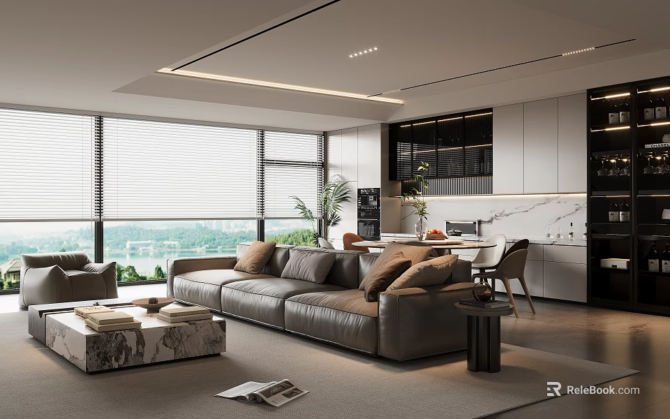 Modern Living and Dining Interior Design With Sofa Coffee Table Dining Set And Windows 3d model