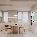 Modern Kitchen Dining Interior Design With White Cabinets Round Table Two Chairs And Window Blinds 3d model