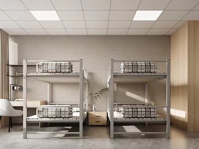 Modern Dorm Room With Two Bunk Beds Desk Chair Light Walls And Square Ceiling Lights 3d model