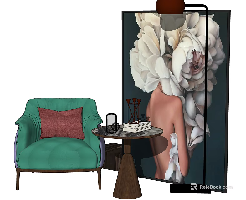 Turquoise Accent Chair With Red Pillow Beside Wooden Side Table Against Large Floral Painting Backdrop 3d model 
