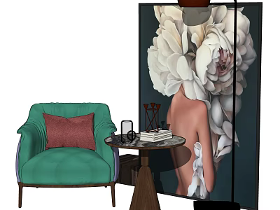 Turquoise Accent Chair With Red Pillow Beside Wooden Side Table Against Large Floral Painting Backdrop 3d model