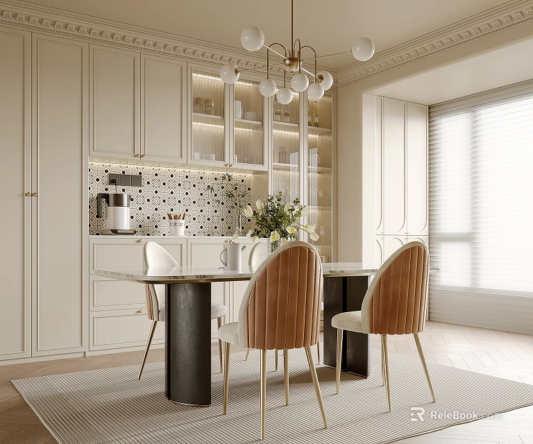 Elegant Modern Restaurant Interior Design With Luxury Dining Table And Velvet Chairs 3d model 