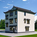 Chinese Style Detached Villa With Traditional Roof White Walls And Balconies Surrounded By Green Trees