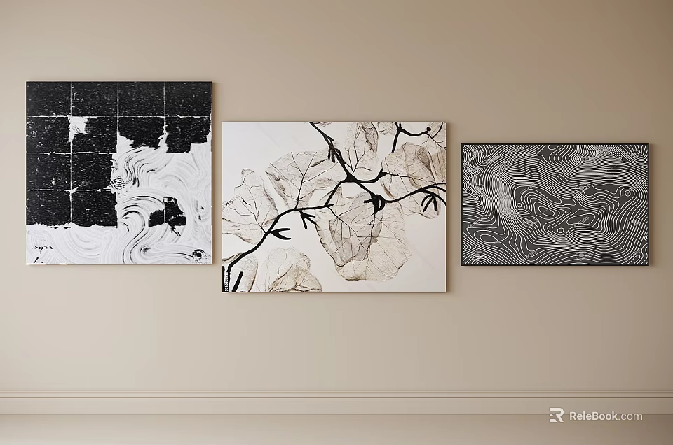 Three Abstract Paintings Hung On Beige Wall With Abstract Patterns Black Lines And Waves 3d model