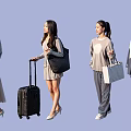Multiple Women With Luggage And Bags In Various Poses Standing Or Walking